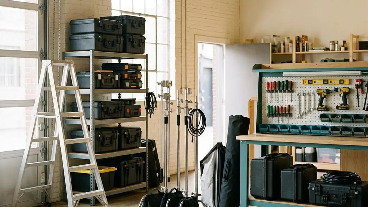 Tools, a ladder and equipment cases in a small business workshop.