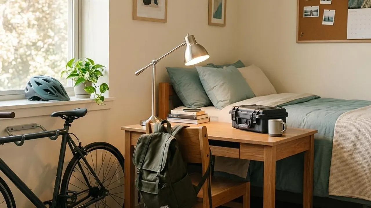 A student room with a desk, backpack, bicycle and camera equipment.