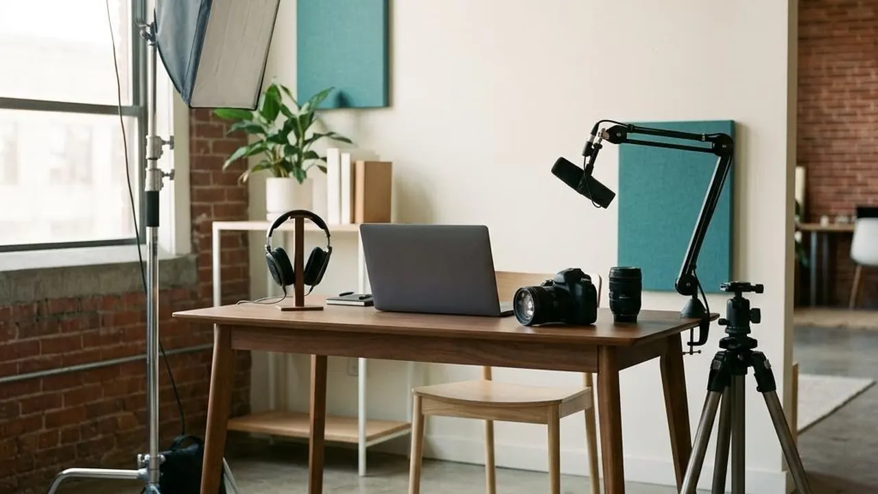 A camera, lighting, microphone and tripod in a creative workspace.