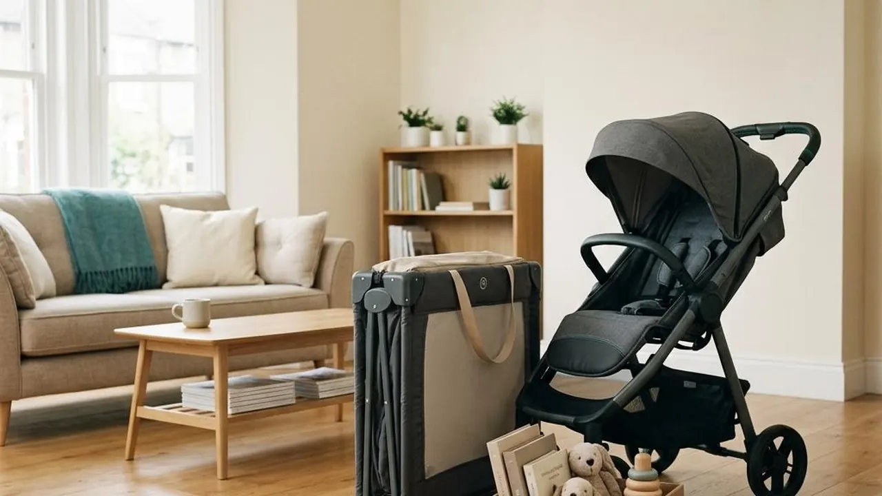 A stroller, travel cot and toys in an uncluttered family living room.