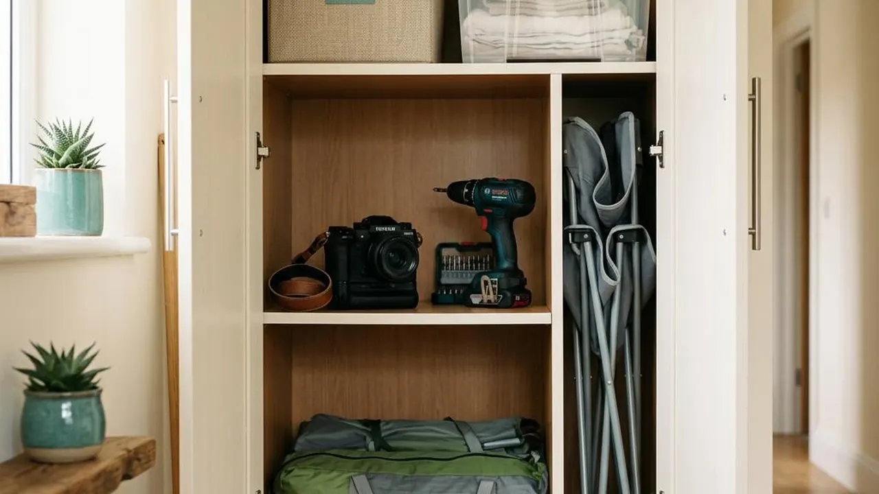 A camera, drill and camping equipment stored in a home cupboard.