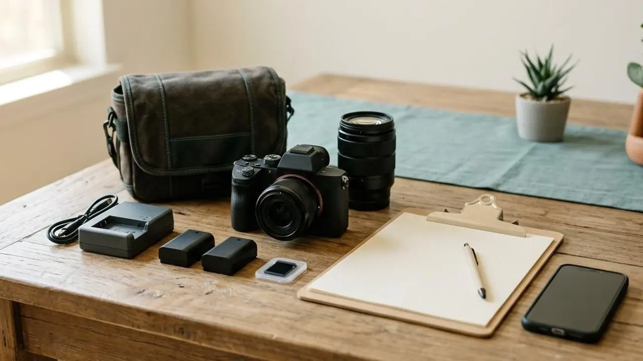 A camera kit and blank checklist laid out for a condition inspection.