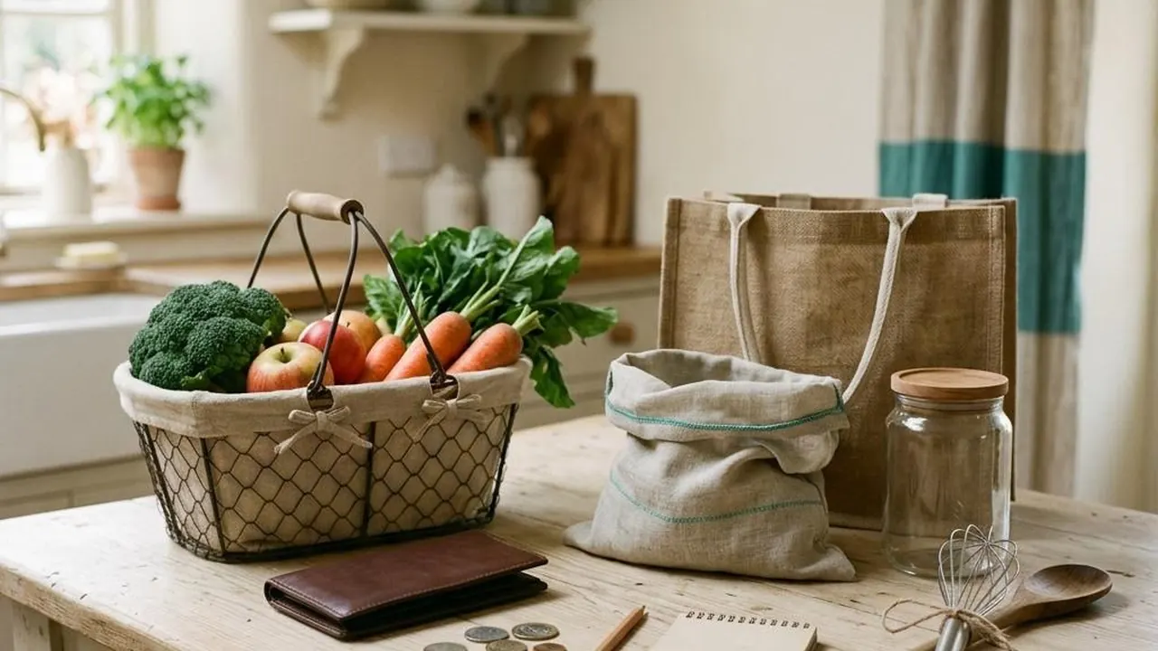 Groceries and a wallet on a kitchen counter, illustrating household budgeting.