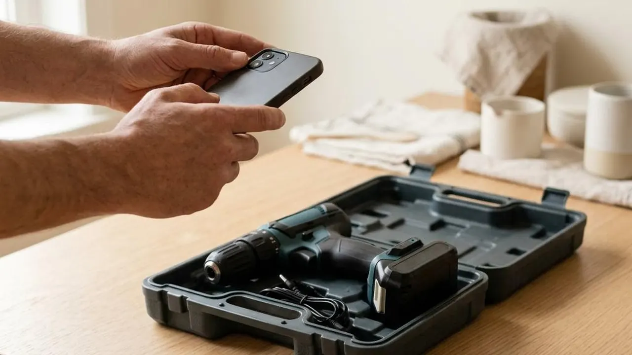 Hands photographing a drill and its carrying case for a rental listing.