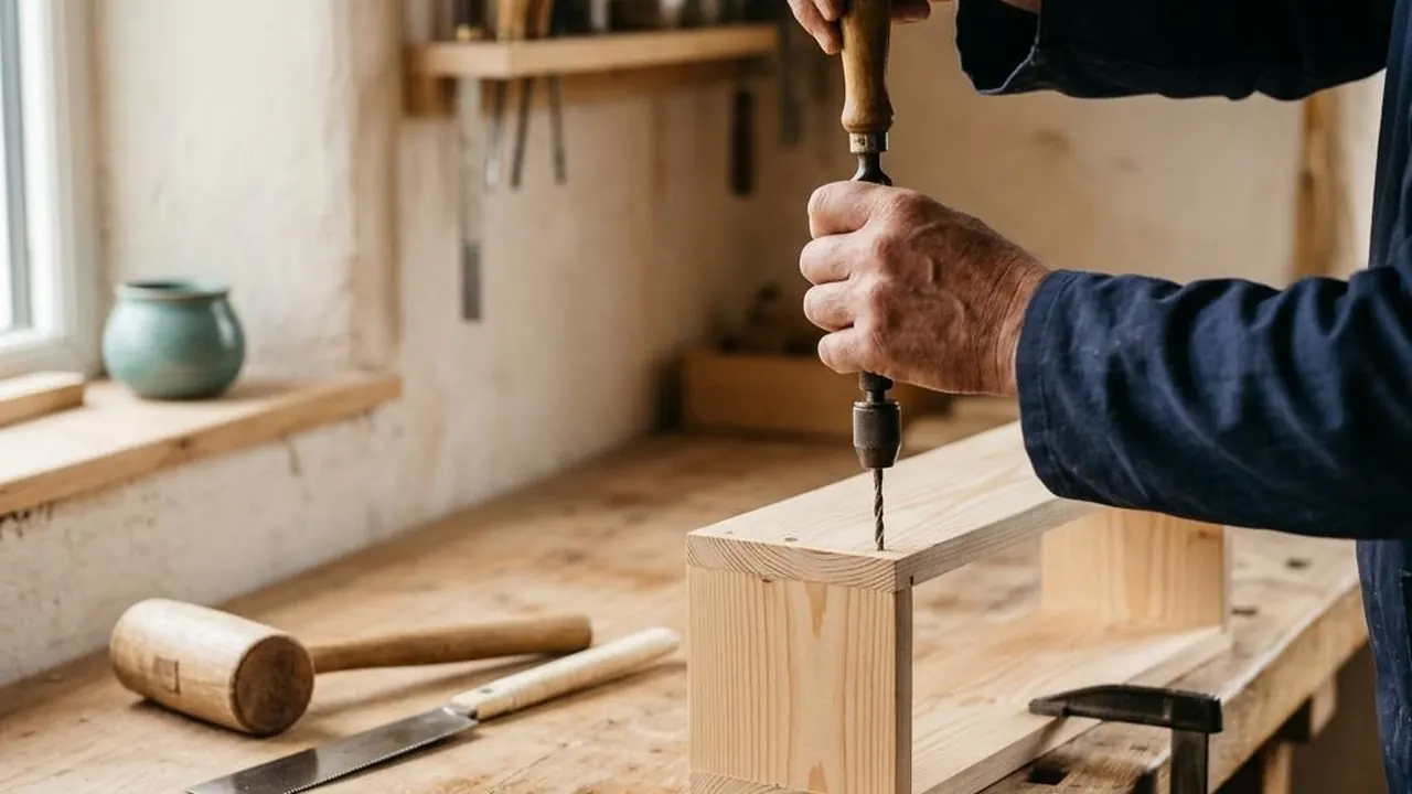 Hands working on a small wooden project at a workbench.