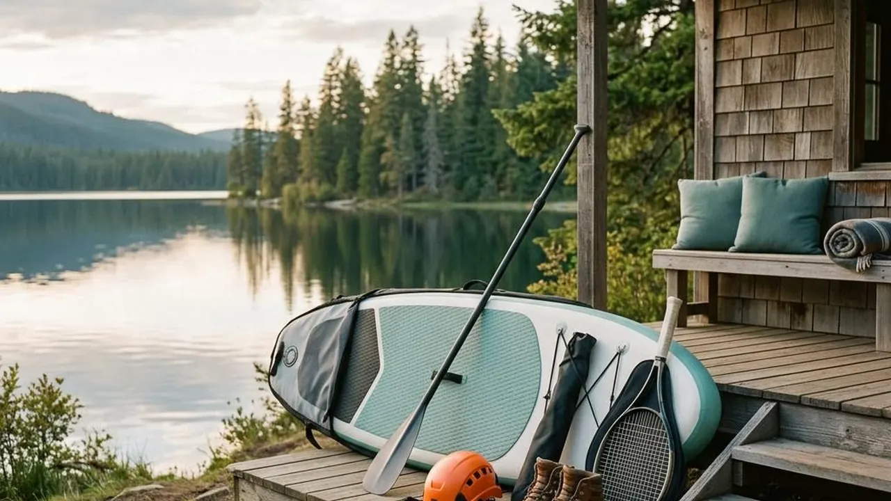 A paddleboard, hiking boots and sports equipment beside a lake.