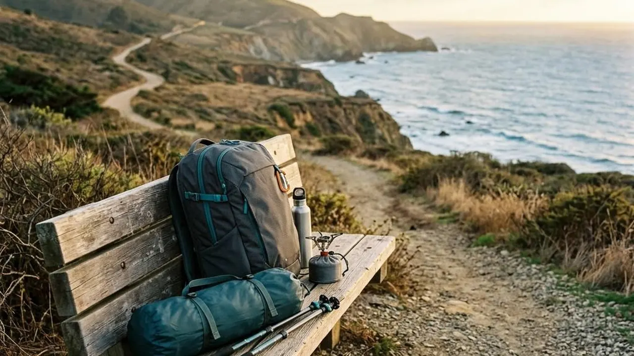 A travel backpack and camping equipment beside a coastal trail.